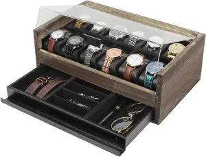 for Men with Acrylic Top, Metal Hinge - MK605A J JACKCUBE DESIGN Rustic Wood Watch Box with 12 Compartment Slot Watch Display Organizer and Jewelry Storage Drawer rook clue Holder 