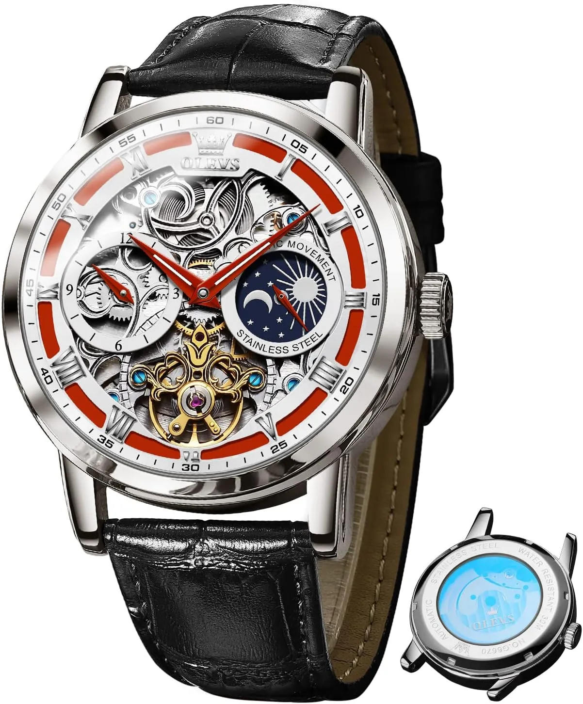 for Mens Automatic Mechanical Self Winding Tourbillon Leather Strap Luxury Dress Moon Phase Wrist Watches Waterproof neutralize broaden Luminous OLEVS Skeleton Watches 