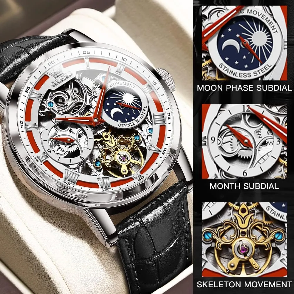 for Mens Automatic Mechanical Self Winding Tourbillon Leather Strap Luxury Dress Moon Phase Wrist Watches Waterproof neutralize broaden Luminous OLEVS Skeleton Watches 