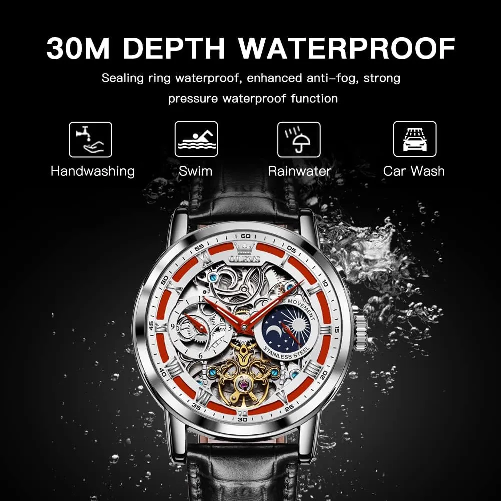 for Mens Automatic Mechanical Self Winding Tourbillon Leather Strap Luxury Dress Moon Phase Wrist Watches Waterproof neutralize broaden Luminous OLEVS Skeleton Watches 
