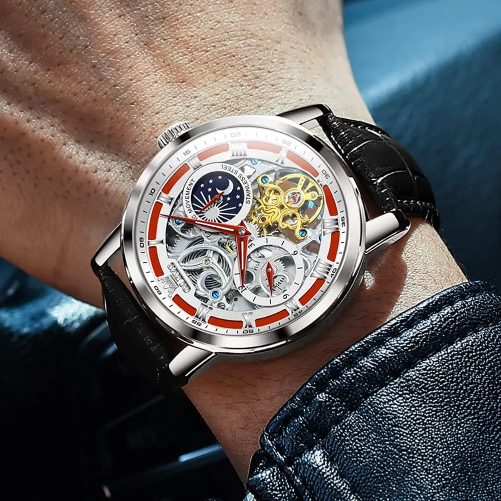 for Mens Automatic Mechanical Self Winding Tourbillon Leather Strap Luxury Dress Moon Phase Wrist Watches Waterproof neutralize broaden Luminous OLEVS Skeleton Watches 