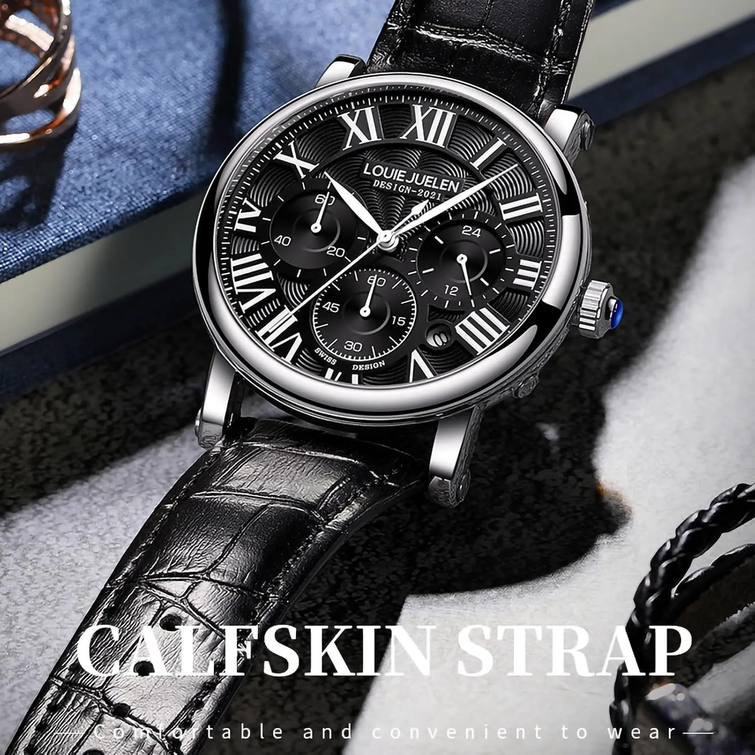 Formal Casual Dress Gift Watch for Men eYotto Men's Stylish Business Watch, Multifunction Quartz reluctantly Movement Chronograph Roman Numerals Analog Calendar Date Waterproof Leather Band Wristwatch, 