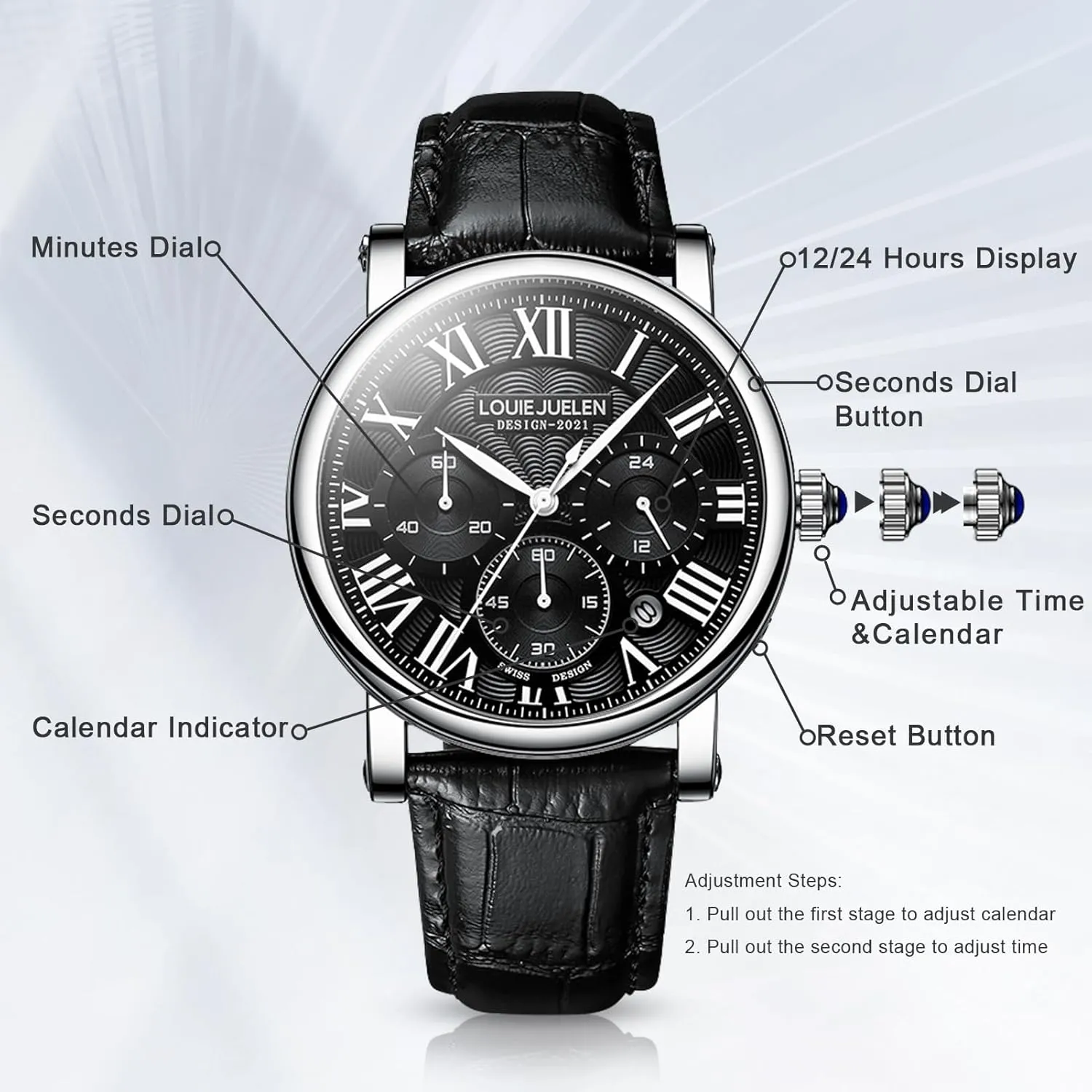 Formal Casual Dress Gift Watch for Men eYotto Men's Stylish Business Watch, Multifunction Quartz reluctantly Movement Chronograph Roman Numerals Analog Calendar Date Waterproof Leather Band Wristwatch, 