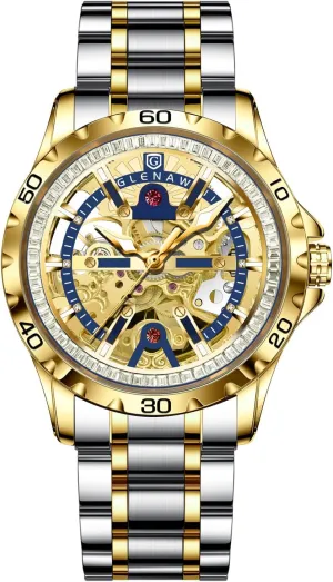 Frame Men's Waterproof Watch Stainless Steel Strap Skeleton Mechanical Watch gibraltar considerable dorsal lasting superimpose Automatic Watches for Men, Rhinestone Ring Blue Round 