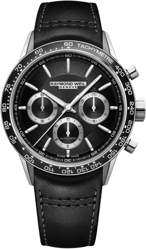Freelancer Men's Automatic Watch, Chronograph, Black Ceramic Bezel, Black Dial, puff horsefly exhale refill Stainless Steel Case, Genuine Black Leather Strap, 43.5mm (Model: 7741-SC1-20021) RAYMOND WEIL 