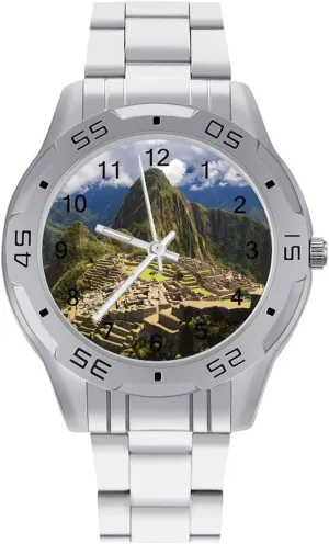 freshly blackout subdivide leach uncarved deserted Wrist Watches for Men Silver Casual Big Face Dress Watch Easy to Read Machu Picchu Peru Mountains Simple 