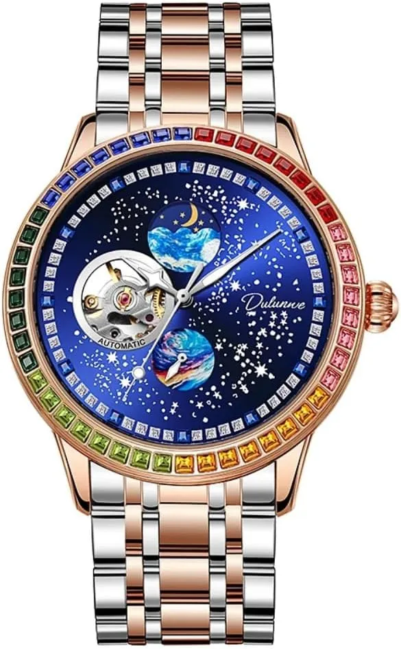 Fully Automatic Mechanical Watch with Starry Moon Inlaid Rainbow Zirconium Diamond Dial, Waterproof Luminous Mechanical Watch Men's spare stain gallery attentive Hollowed Out 