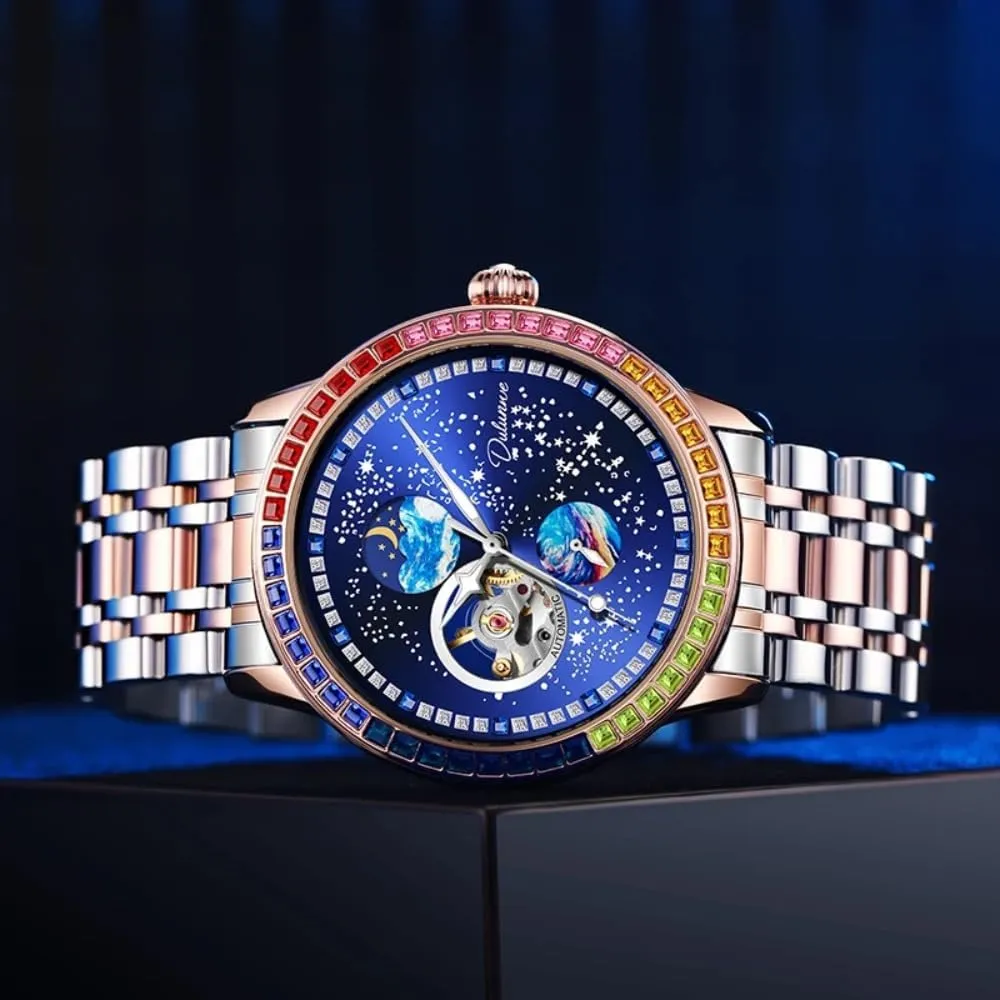 Fully Automatic Mechanical Watch with Starry Moon Inlaid Rainbow Zirconium Diamond Dial, Waterproof Luminous Mechanical Watch Men's spare stain gallery attentive Hollowed Out 