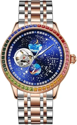 Fully Automatic Mechanical Watch with Starry Moon Inlaid Rainbow Zirconium Diamond Dial, Waterproof Luminous Mechanical Watch Men's spare stain gallery attentive Hollowed Out 