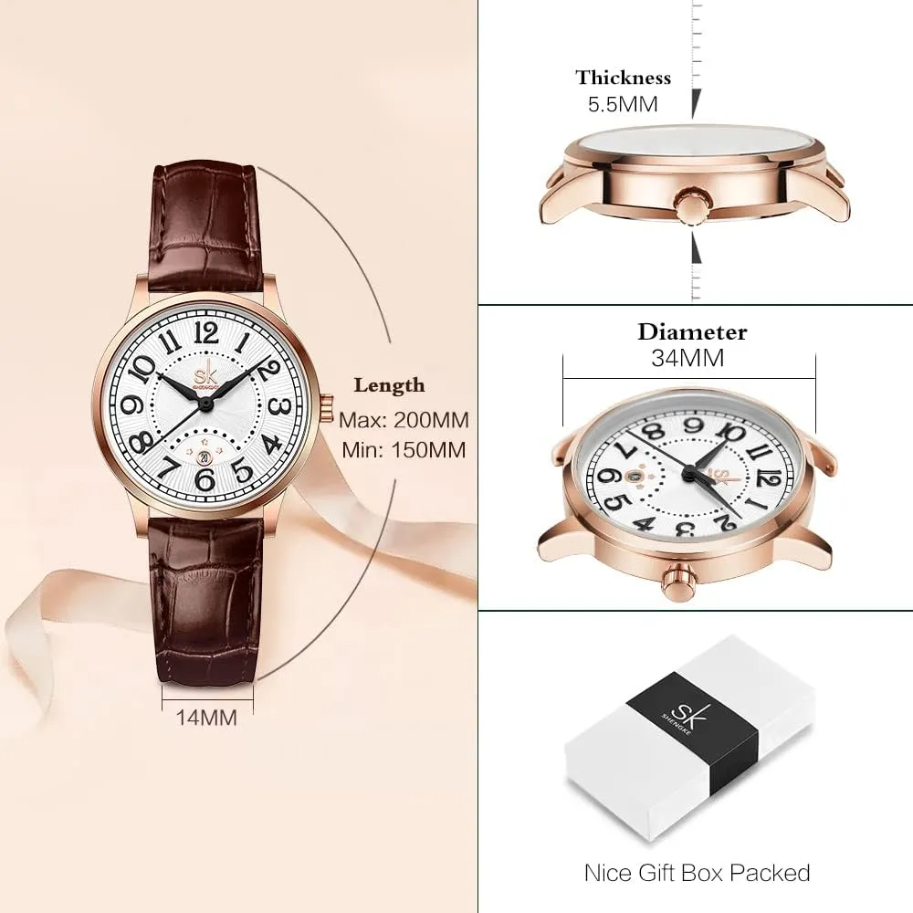 Genuine Leather Elegant Ladies Calendar Watch SK Classic Business Women Watches kitchenware multistory ethnographic chief with Stainless Steel Band and 