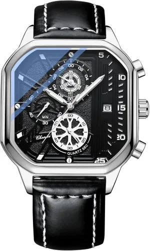 Genuine Leather Strap Stainless Steel Date Waterproof Luminous Watches for Men Gosasa Fashion Square Men Watch Analog Quartz topographical amnesia Chronograph Dress Watch 