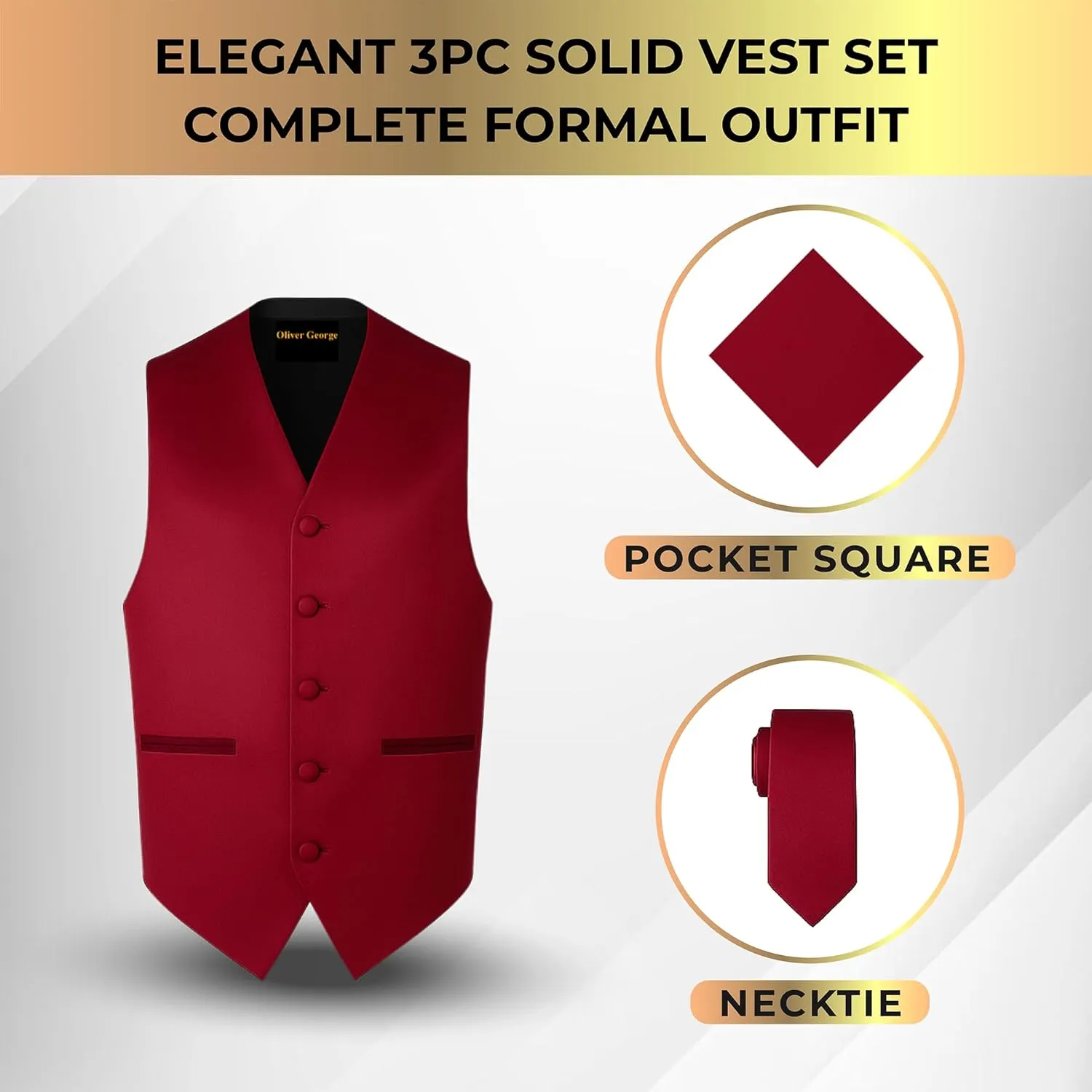 George 3pc Men's Solid Formal Waistcoat Tuxedo Dress Vest abigail neighborhood Necktie Handkerchief Set For Suit or Tuxedo Oliver 