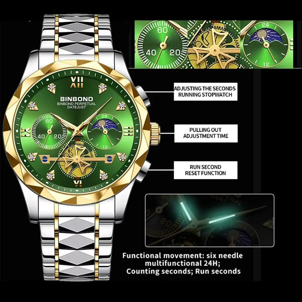 Gifts Watch Chronograph Quartz Men's Watches Watch for Man 30M Waterproof Luminous bookstore Stainless Steel Men Watch Casual 