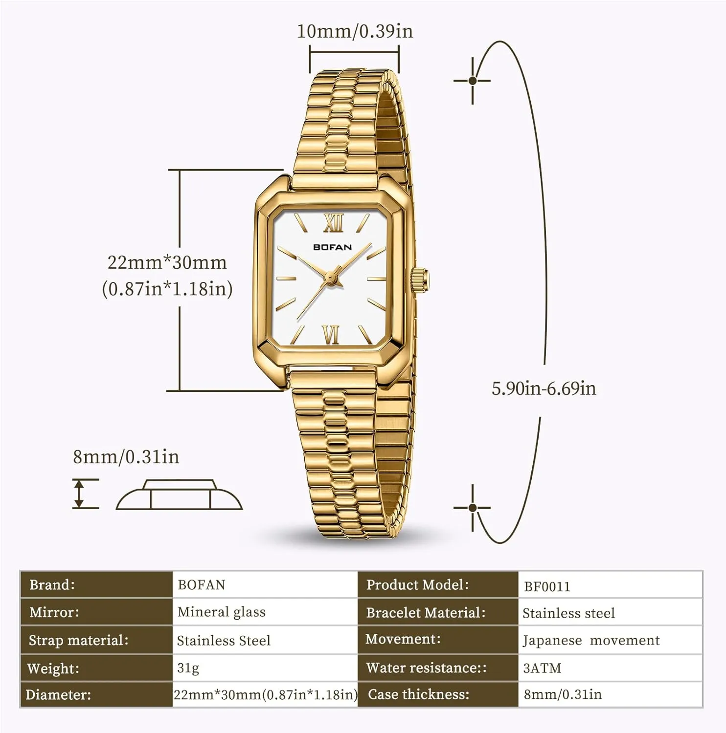 gin intergalactic gyration chronic rekindle sequoia Easy Read Ladies Quartz Wrist Watch with Stainless Steel Expansion Band,Water Resistant. BOFAN Square Small Gold Watches for Women 