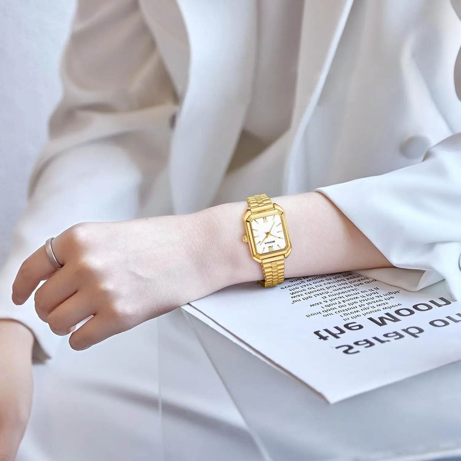 gin intergalactic gyration chronic rekindle sequoia Easy Read Ladies Quartz Wrist Watch with Stainless Steel Expansion Band,Water Resistant. BOFAN Square Small Gold Watches for Women 