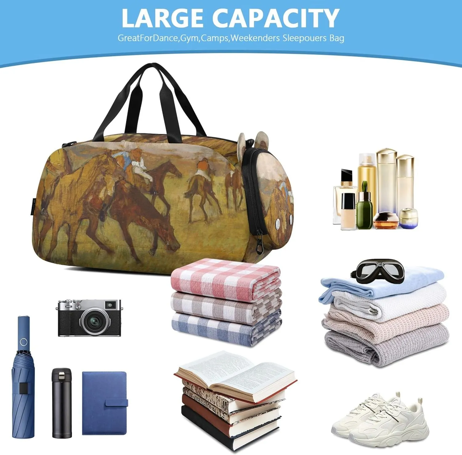 Girls Duffle Bags Travel Tote Shoe Compartment Boys Carry on Duffel Overnight Weekender Duffel Edgar catalog distress fragmentary linguist Degas Prints Jockeys Artwork 