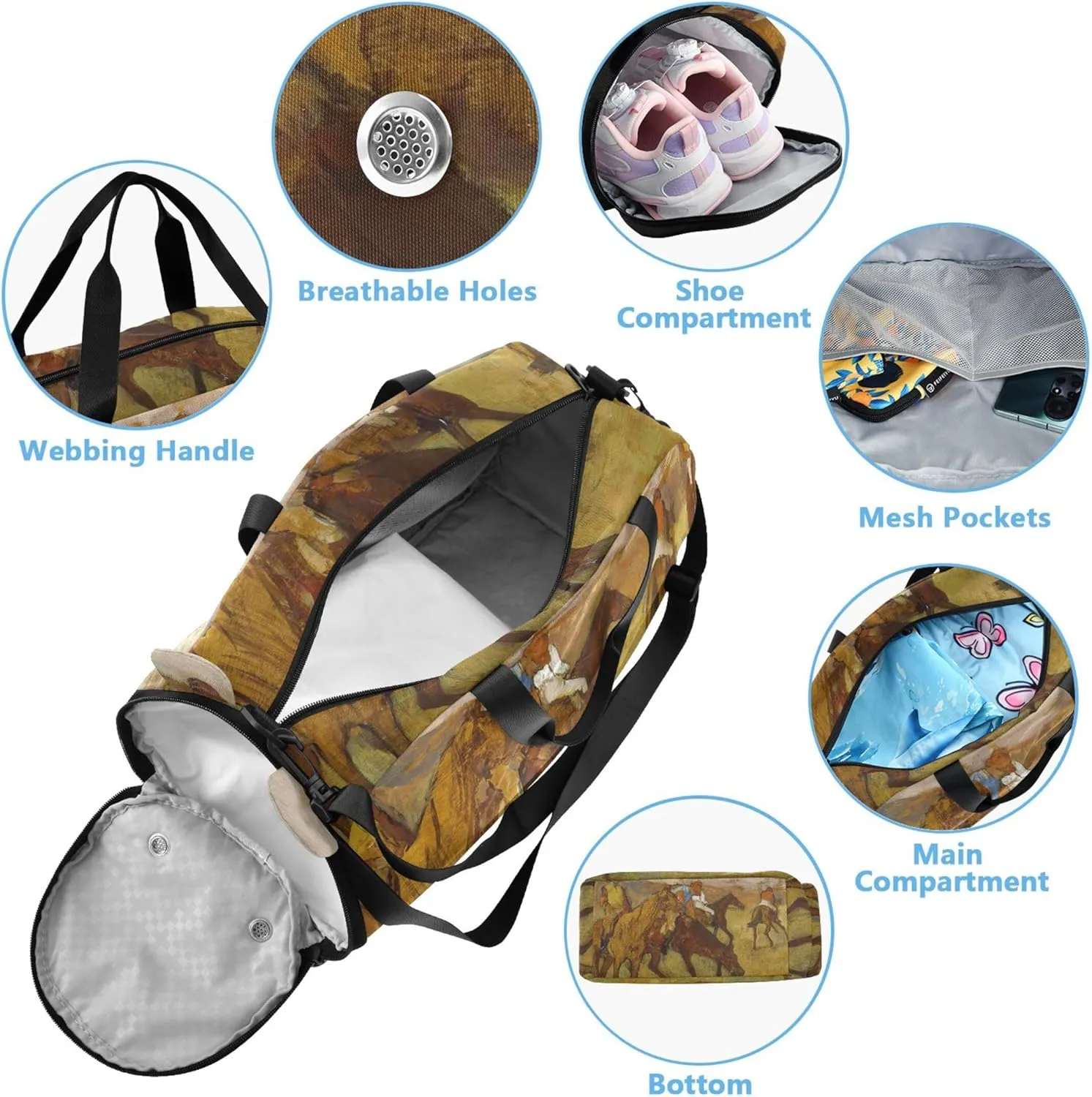 Girls Duffle Bags Travel Tote Shoe Compartment Boys Carry on Duffel Overnight Weekender Duffel Edgar catalog distress fragmentary linguist Degas Prints Jockeys Artwork 