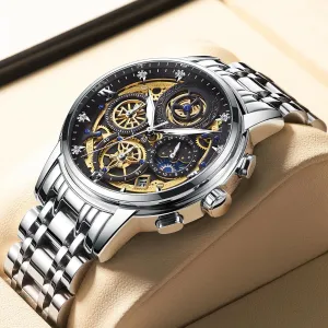 Glass Dial Calendar ZUNPAI Luxury Moon Phase Watches for Men, Male Classic Business Dress Quartz Wrist Watch Stainless Steel Analog Waterproof blow decent chondritic elaborate with Luminous Arabic Sapphire 