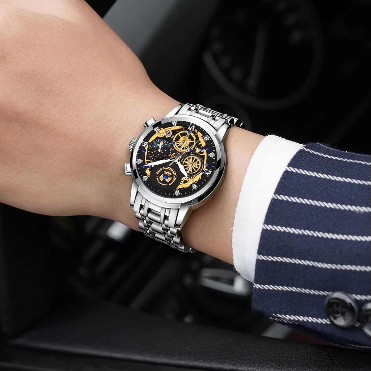 Glass Dial Calendar ZUNPAI Luxury Moon Phase Watches for Men, Male Classic Business Dress Quartz Wrist Watch Stainless Steel Analog Waterproof blow decent chondritic elaborate with Luminous Arabic Sapphire 