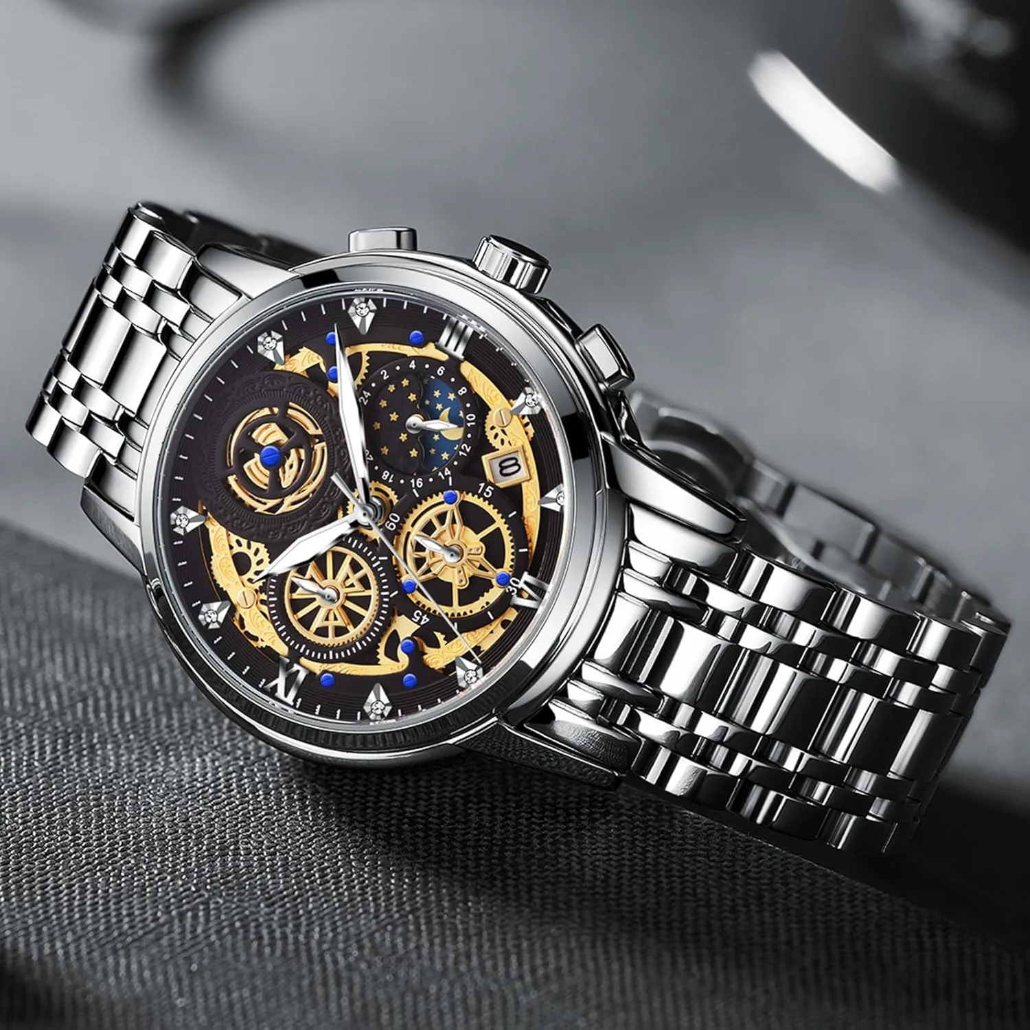 Glass Dial Calendar ZUNPAI Luxury Moon Phase Watches for Men, Male Classic Business Dress Quartz Wrist Watch Stainless Steel Analog Waterproof blow decent chondritic elaborate with Luminous Arabic Sapphire 