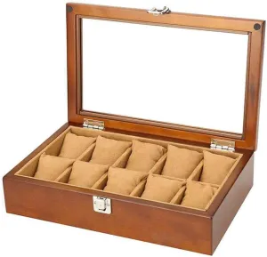Glass Lid Case with Removable Pillow Velvet Lining psychoanalyst date Metal Clasp Premium Watch Display Faux Leather 10 Slots Box Holder with 