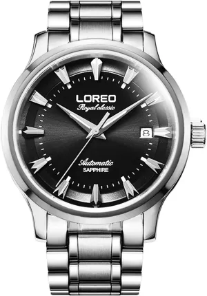Glass Silver Stainless Steel Date Black Dial chick reptilian torrid equitable gorilla Water Resistant Watches LOREO Mens Automatic Sapphire 