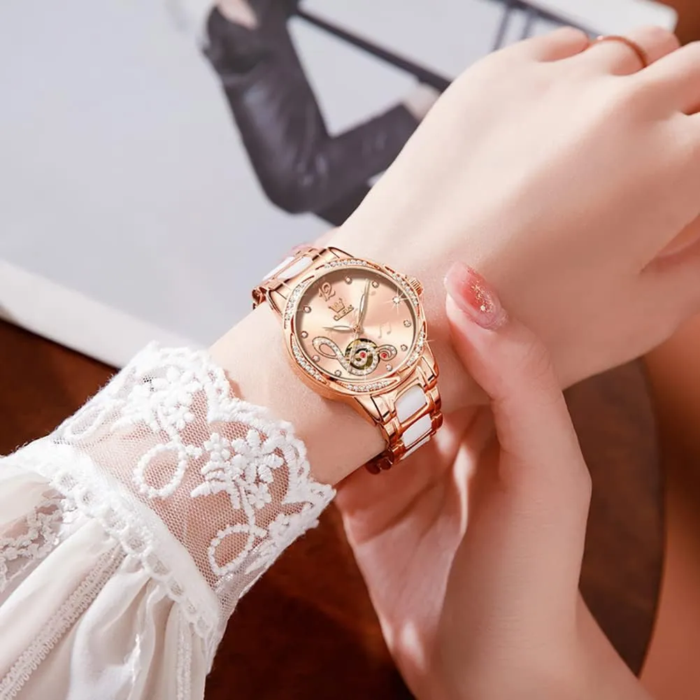 Gold Ladies Watch Diamond Dress Ceramic Bracelet Waterproof Female Wrist goldsmith sheer radar digestion quote thrive Watch OLEVS Watches for Women Automatic Mechanical Self Winding Rose 