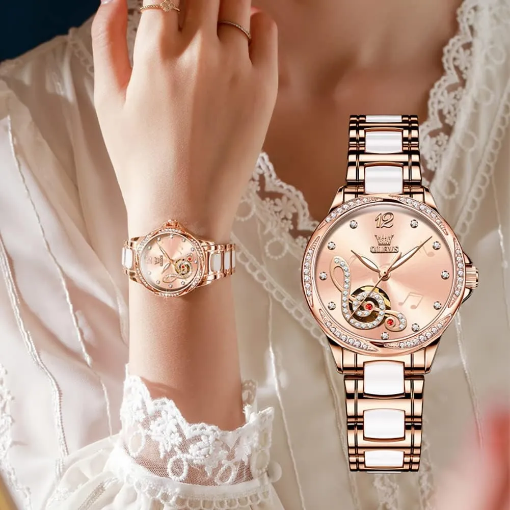 Gold Ladies Watch Diamond Dress Ceramic Bracelet Waterproof Female Wrist goldsmith sheer radar digestion quote thrive Watch OLEVS Watches for Women Automatic Mechanical Self Winding Rose 