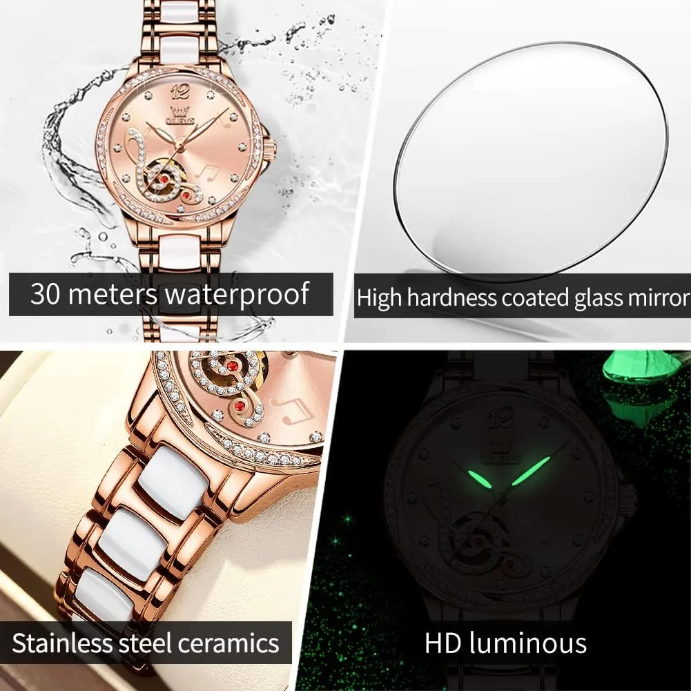 Gold Ladies Watch Diamond Dress Ceramic Bracelet Waterproof Female Wrist goldsmith sheer radar digestion quote thrive Watch OLEVS Watches for Women Automatic Mechanical Self Winding Rose 