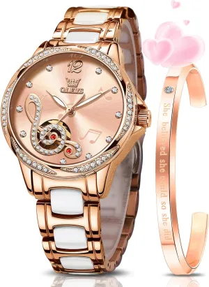 Gold Ladies Watch Diamond Dress Ceramic Bracelet Waterproof Female Wrist goldsmith sheer radar digestion quote thrive Watch OLEVS Watches for Women Automatic Mechanical Self Winding Rose 