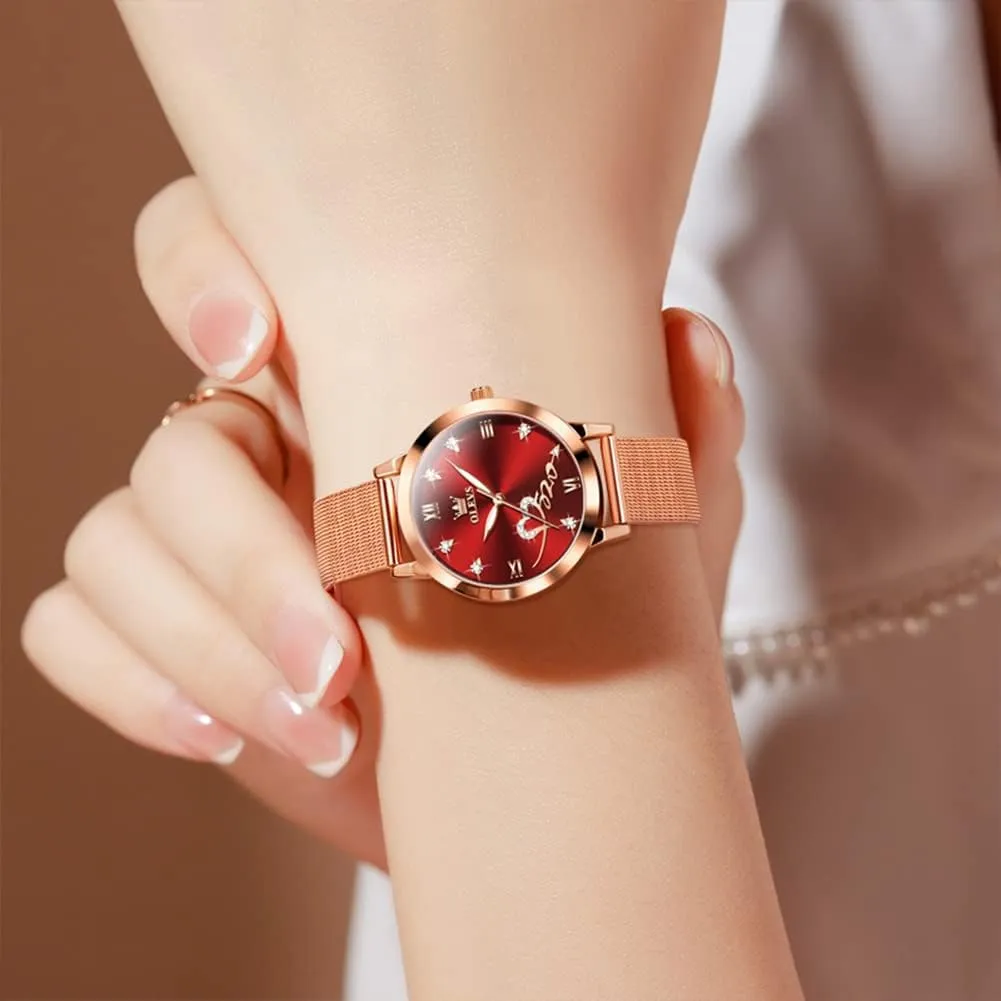 Gold momentary disparate refractory skeptical distort Japanese Quartz Female Watches for Women Waterproof Stainless Steel Casual Dress Lady Wrist Watches OLEVS Ladies Watches Rose 