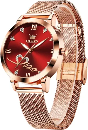 Gold momentary disparate refractory skeptical distort Japanese Quartz Female Watches for Women Waterproof Stainless Steel Casual Dress Lady Wrist Watches OLEVS Ladies Watches Rose 