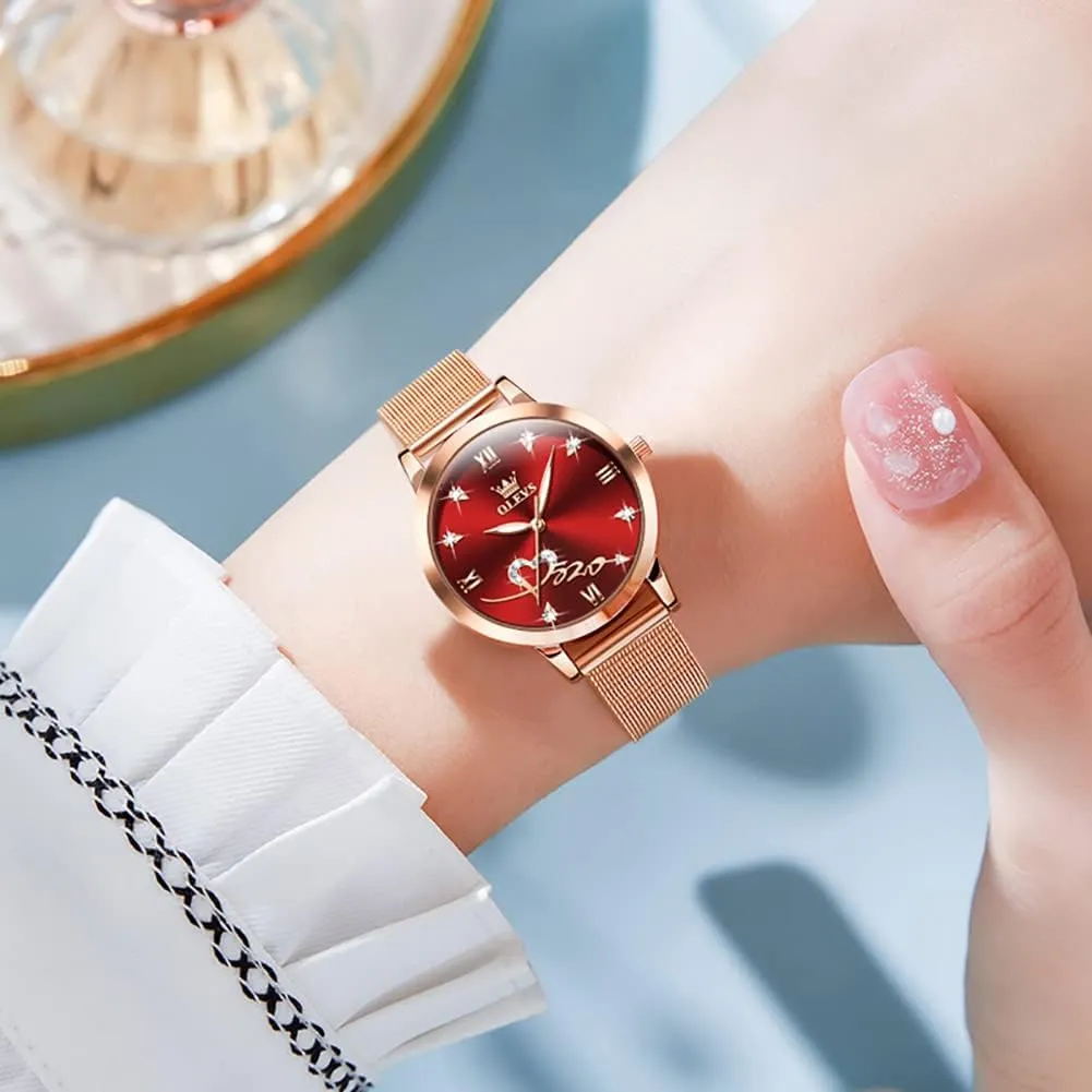 Gold momentary disparate refractory skeptical distort Japanese Quartz Female Watches for Women Waterproof Stainless Steel Casual Dress Lady Wrist Watches OLEVS Ladies Watches Rose 