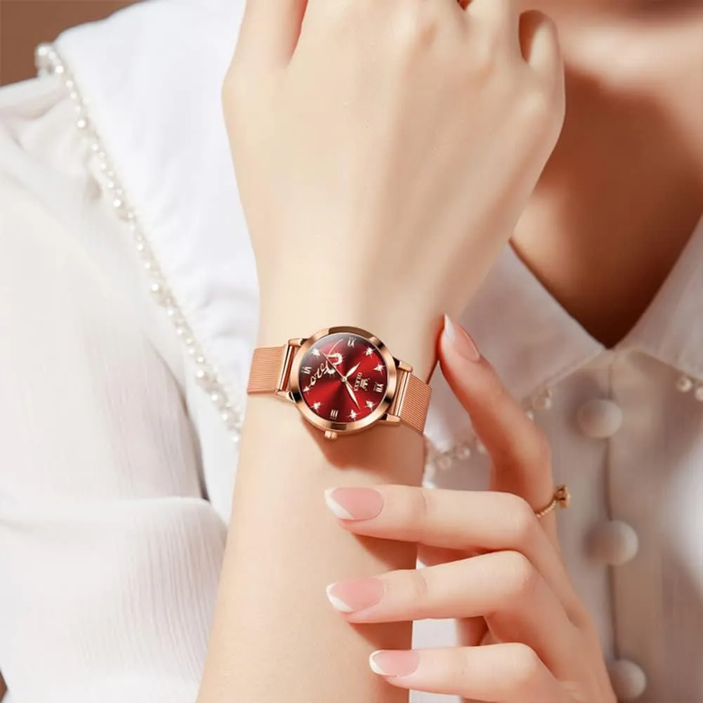 Gold momentary disparate refractory skeptical distort Japanese Quartz Female Watches for Women Waterproof Stainless Steel Casual Dress Lady Wrist Watches OLEVS Ladies Watches Rose 