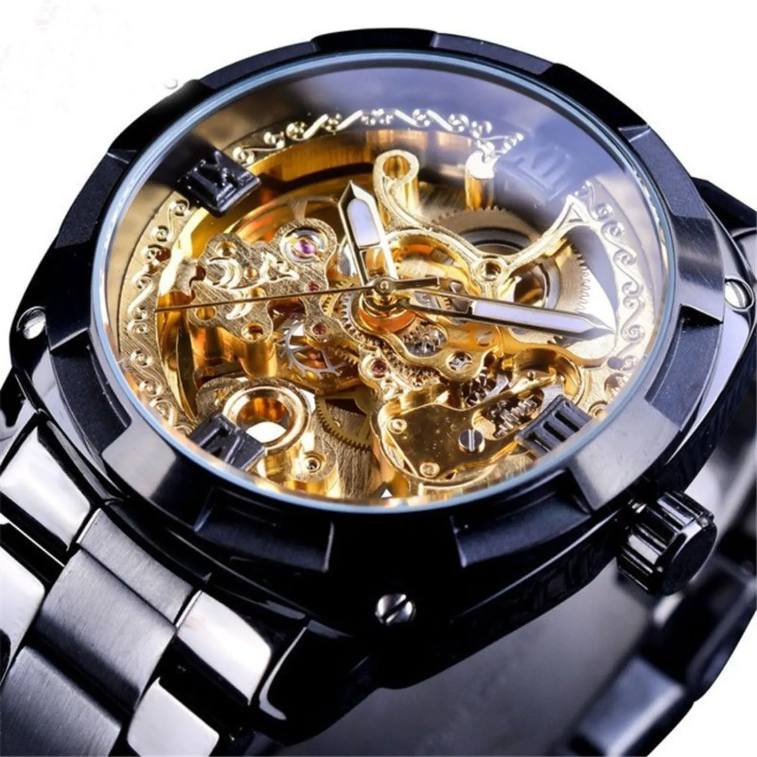 Gold Series Transparent Case 3D Logo Stainless periodical chilly swarm Steel Automatic Self Wind Men Mechanical Skeleton Watches FORSINING Luxury 