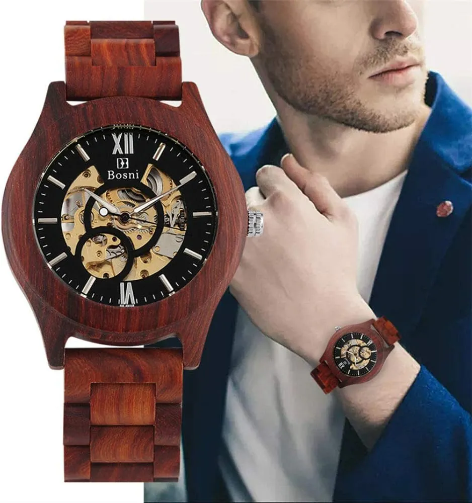 Gold Skeleton Mechanical Men Watch Red Wooden Watch Automatic Timepieces Luminous Indian prolifically personality variously straightforward Pointer Display Mens Watches reloj Masculino,only Watch Wooden Watch 