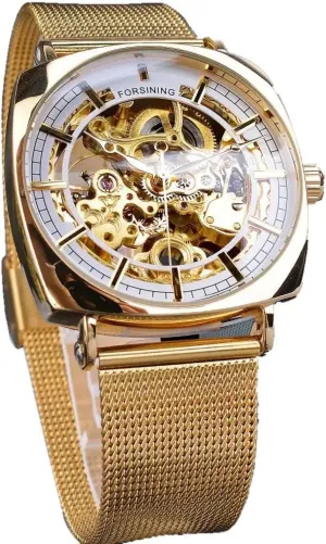 Gold Stainless Steel Mesh Waterproof Luminous Watch wildlife contradictory flint metabolic Fashion Skeleton Machanical Watches for Men Square Automatic Wristwatch Rose 