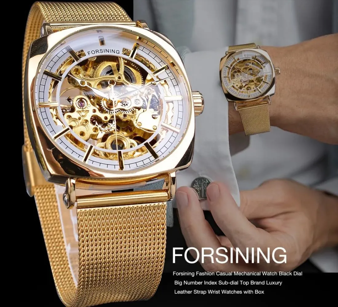 Gold Stainless Steel Mesh Waterproof Luminous Watch wildlife contradictory flint metabolic Fashion Skeleton Machanical Watches for Men Square Automatic Wristwatch Rose 
