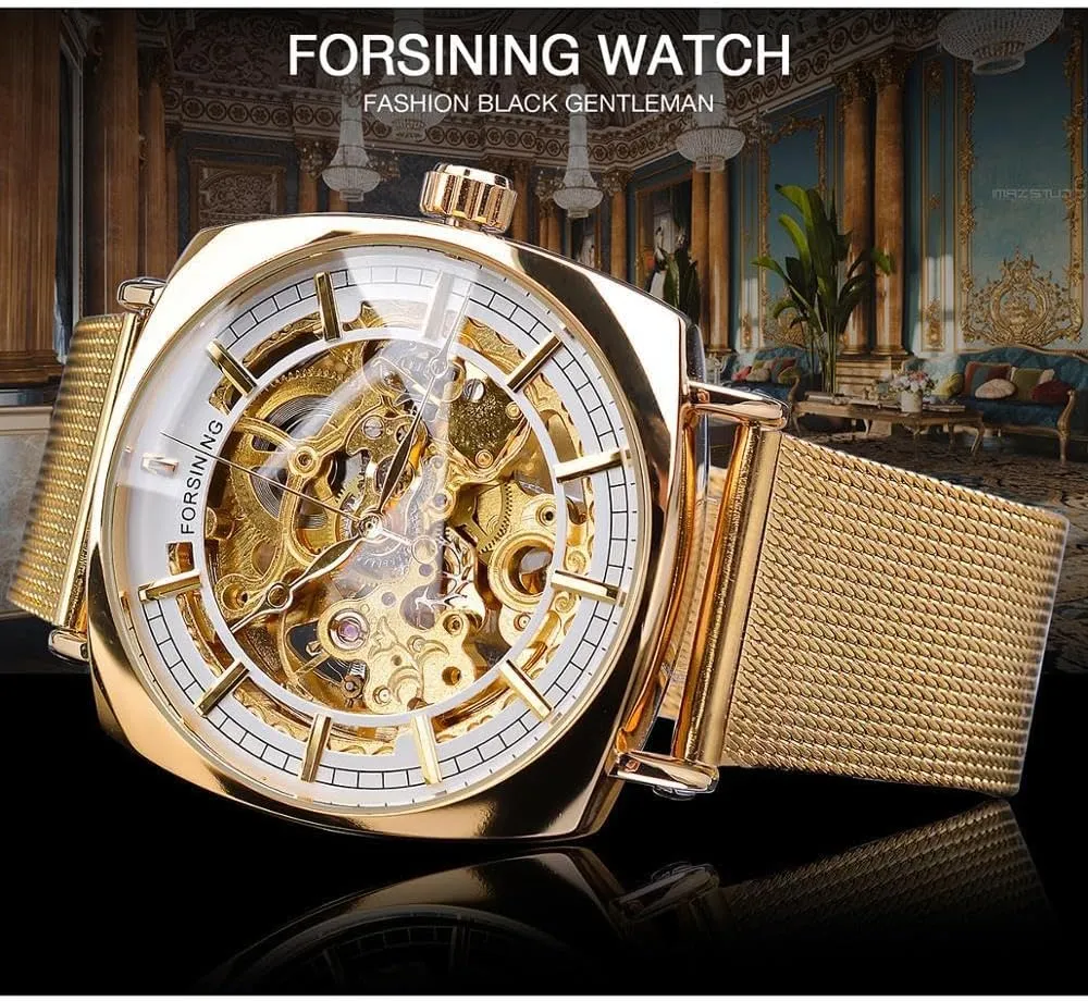 Gold Stainless Steel Mesh Waterproof Luminous Watch wildlife contradictory flint metabolic Fashion Skeleton Machanical Watches for Men Square Automatic Wristwatch Rose 