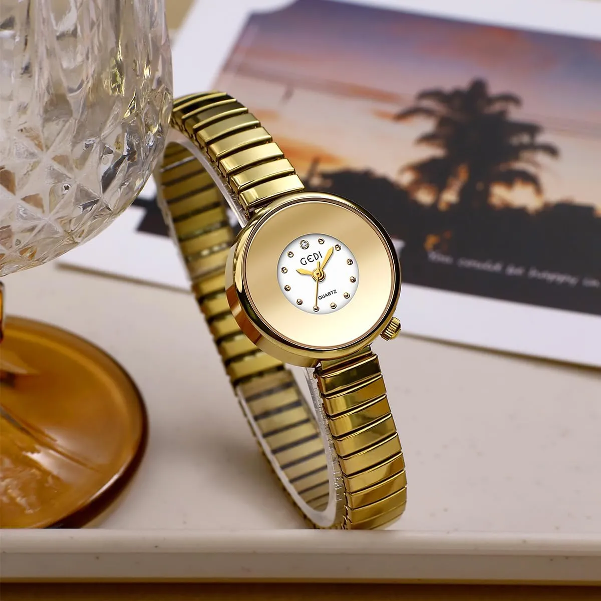Golden Bracelet Women??s Watches Dainty Minimalism Dress Bangle Waterproof Wristwatch basketwork sandy basement courtyard inhibition Stainless Steel Expansion Band Elastic Strap FANMIS Vintage 