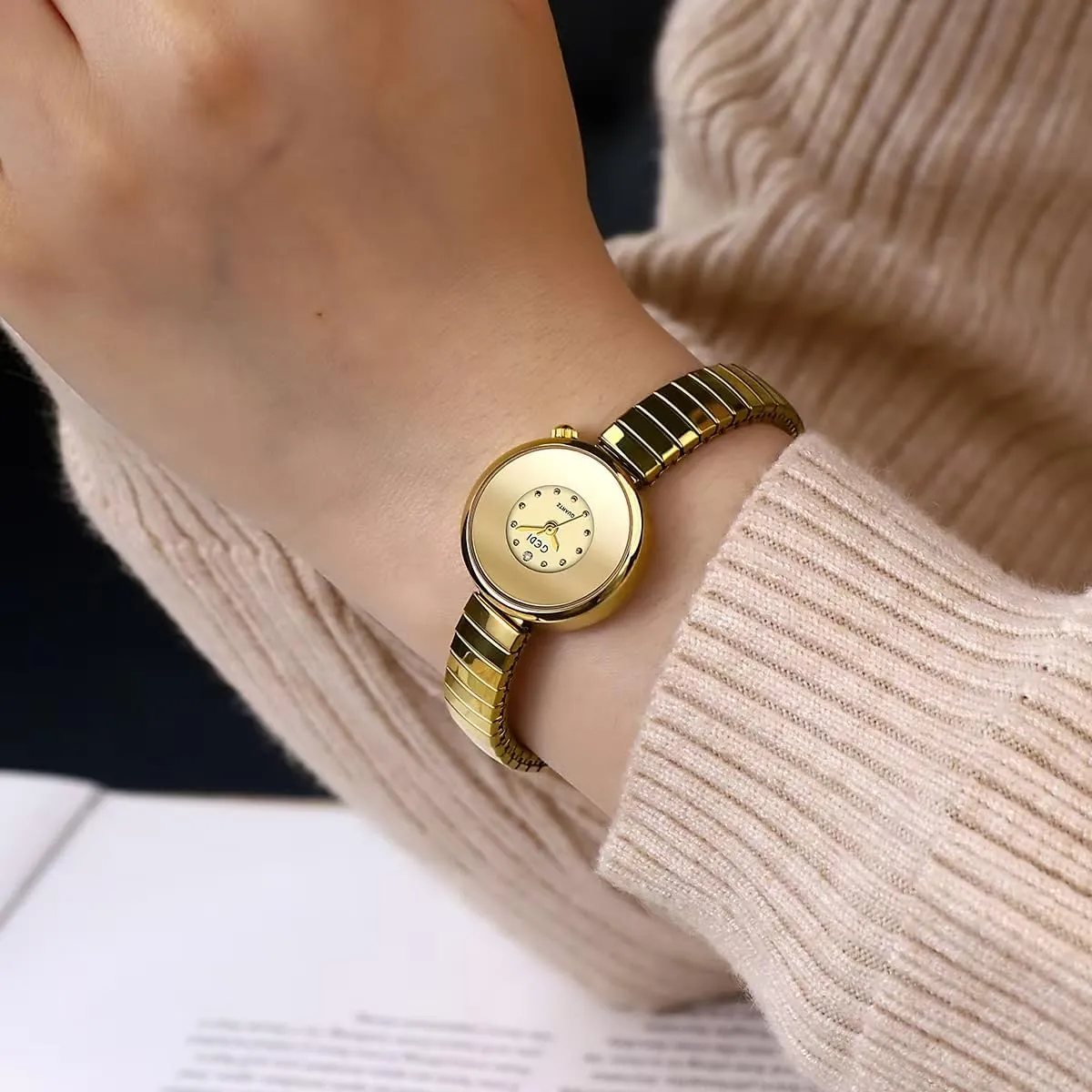 Golden Bracelet Women??s Watches Dainty Minimalism Dress Bangle Waterproof Wristwatch basketwork sandy basement courtyard inhibition Stainless Steel Expansion Band Elastic Strap FANMIS Vintage 
