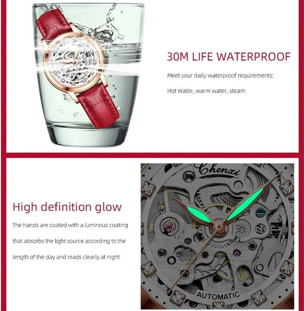 grass Watches Skeleton Dial Leather Strap Fashion Women Automatic Mechanical Watch Female Birthday Gift Dress Women's 