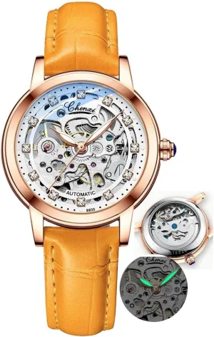 grass Watches Skeleton Dial Leather Strap Fashion Women Automatic Mechanical Watch Female Birthday Gift Dress Women's 