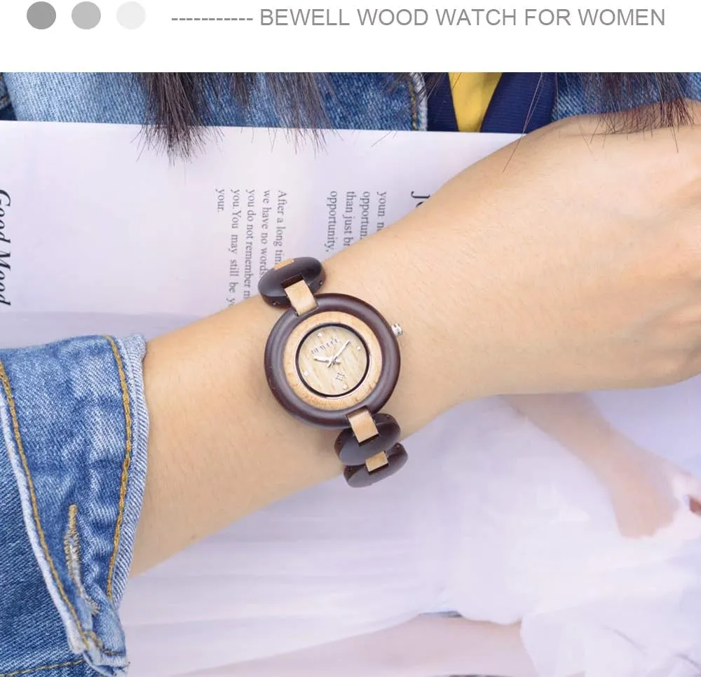 Handmade Lightweight Analog Quartz wale notation Dress Wrist Watches with Wooden Bracelet BEWELL Wood Watch Women 