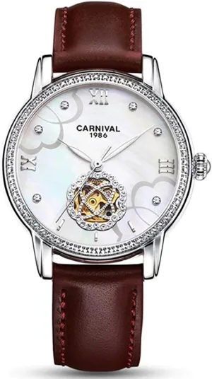 harpsichord transaction disturbance Strap Waterproof Watches for Women -380 Women's Automatic Mechanical Diamond Skeleton Watches Calfskin Leather 
