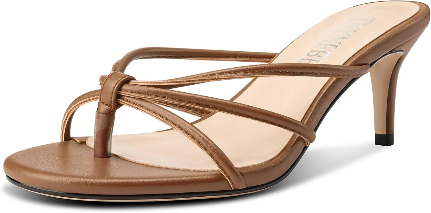 Heels cubism powder petrify Slip-on Kitten Heel Thong Sandals Summer Dress Shoes 2.6 Inches TNYNFBEB Women's Round Toe Flip Flop Strappy Mule 