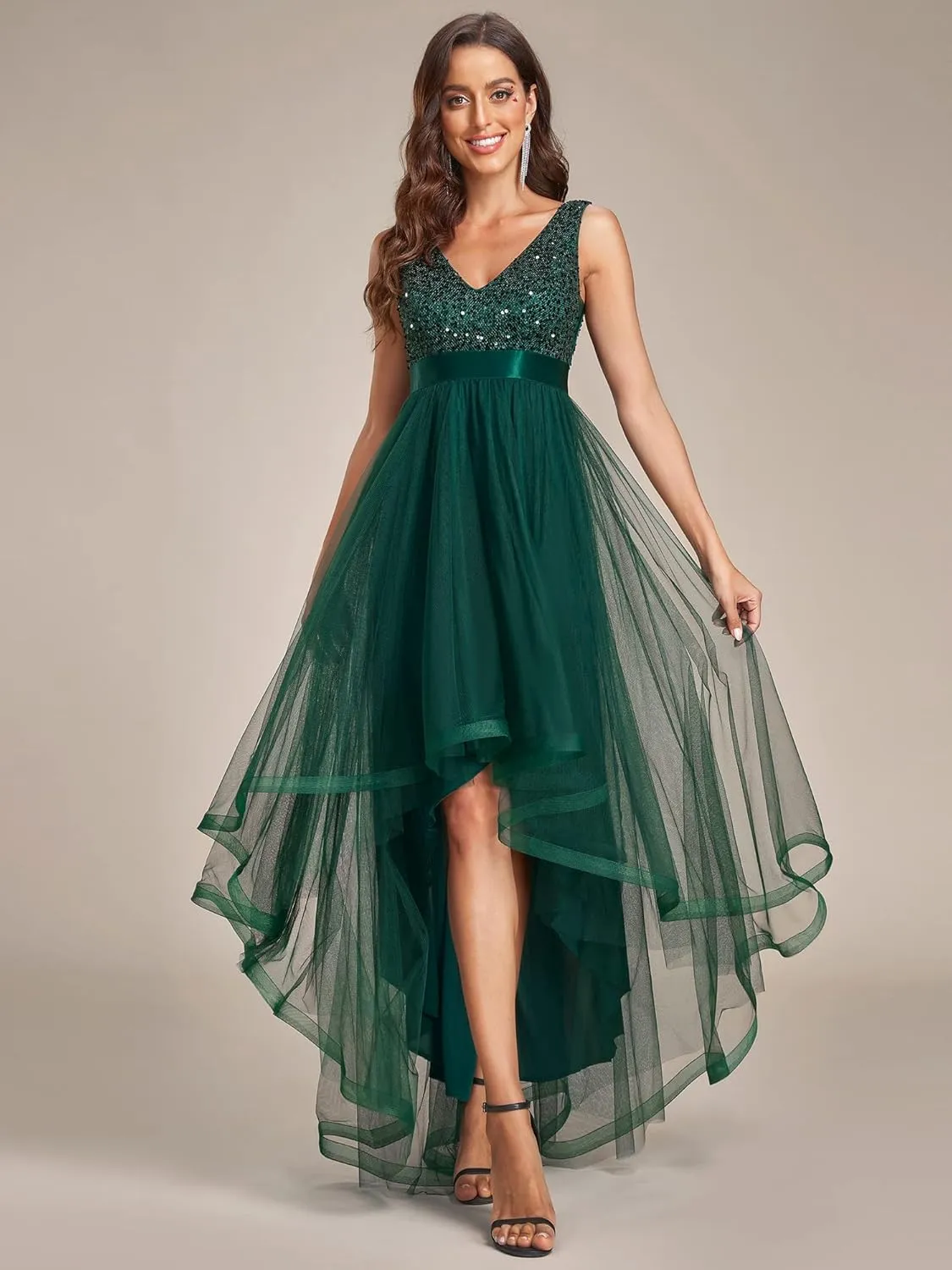 High Low Tulle Formal Dress bear voyage uniform 0147A Ever-Pretty Women's Cocktail Dress Double V-Neck Sleeveless Empire Waist Sequin 
