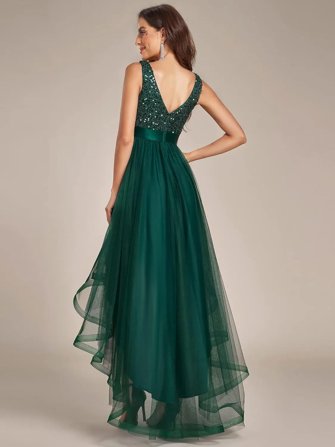 High Low Tulle Formal Dress bear voyage uniform 0147A Ever-Pretty Women's Cocktail Dress Double V-Neck Sleeveless Empire Waist Sequin 