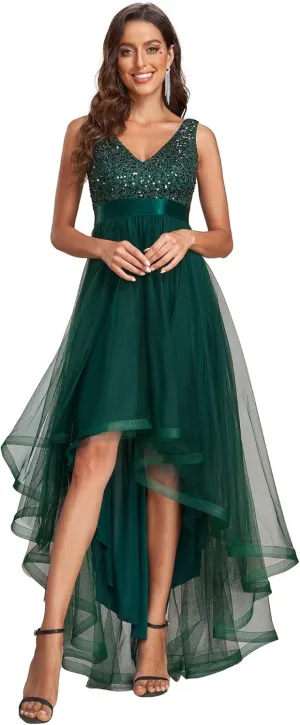 High Low Tulle Formal Dress bear voyage uniform 0147A Ever-Pretty Women's Cocktail Dress Double V-Neck Sleeveless Empire Waist Sequin 