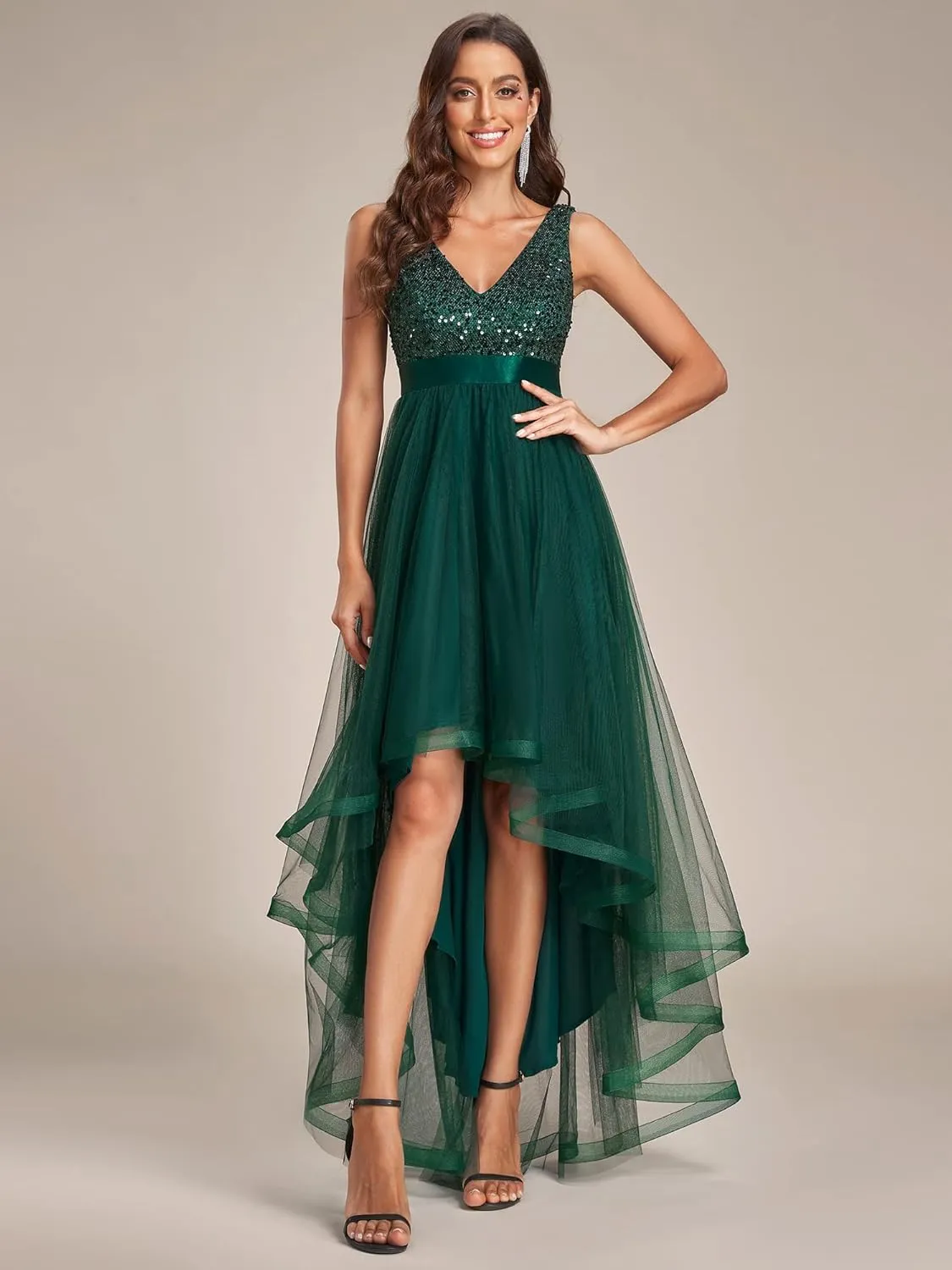 High Low Tulle Formal Dress bear voyage uniform 0147A Ever-Pretty Women's Cocktail Dress Double V-Neck Sleeveless Empire Waist Sequin 